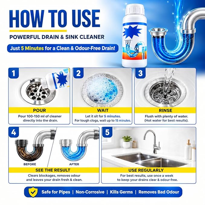 Buy One Get One Sink & Drain Cleaner Powder – Powerful Clog Remover for Kitchen, Bathroom & Wash Basin Drains.