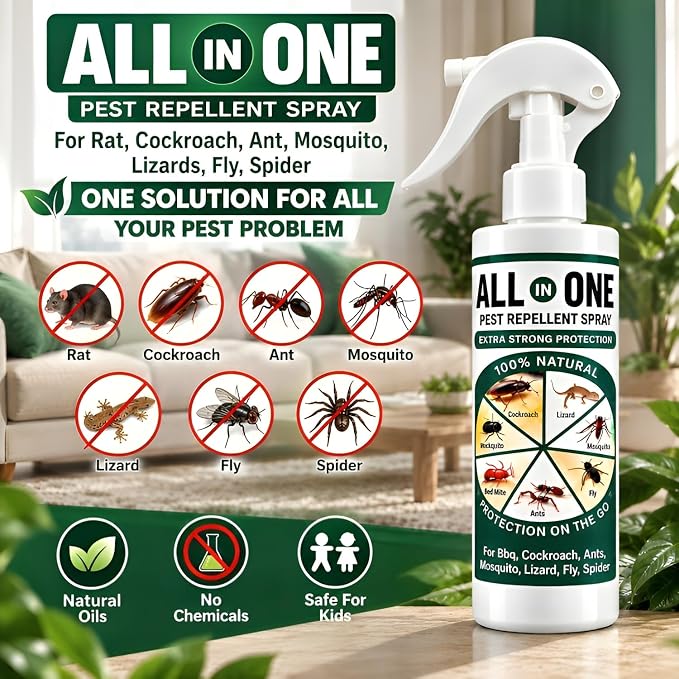 All-in-One Pest & Rodent Repellent Spray – Multi-Insect Protection for Rats, Mice, Cockroaches, Lizards, Ants, Termites, Bed Bugs, Spiders, Flies & Centipedes.