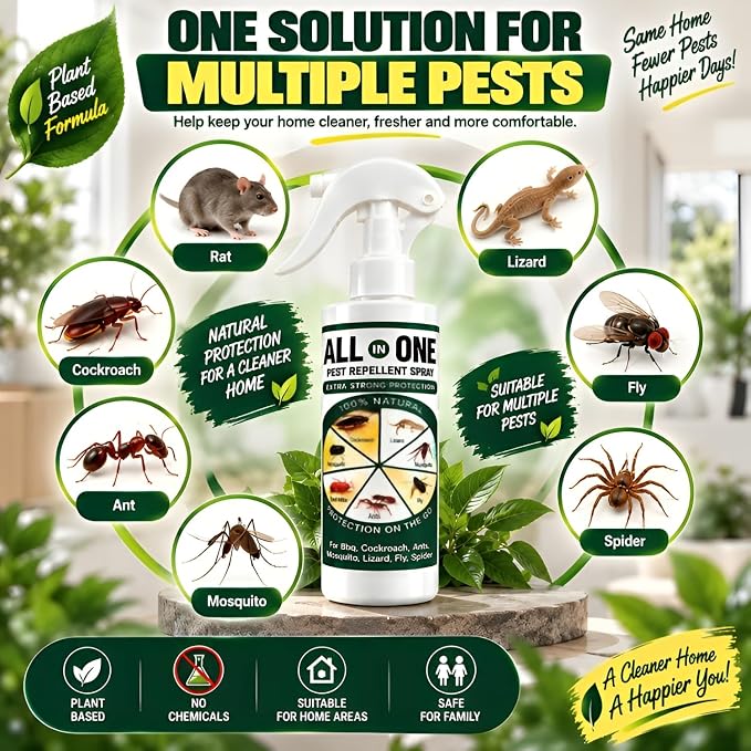All-in-One Pest & Rodent Repellent Spray – Multi-Insect Protection for Rats, Mice, Cockroaches, Lizards, Ants, Termites, Bed Bugs, Spiders, Flies & Centipedes.